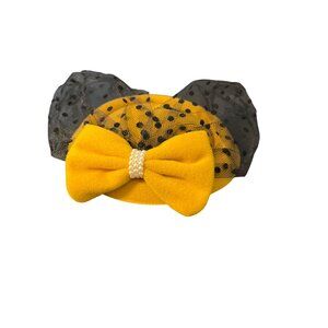 Yellow Fascinator Hat Black Polka Dot Mesh Pearl Accent Bow Clip For Women
